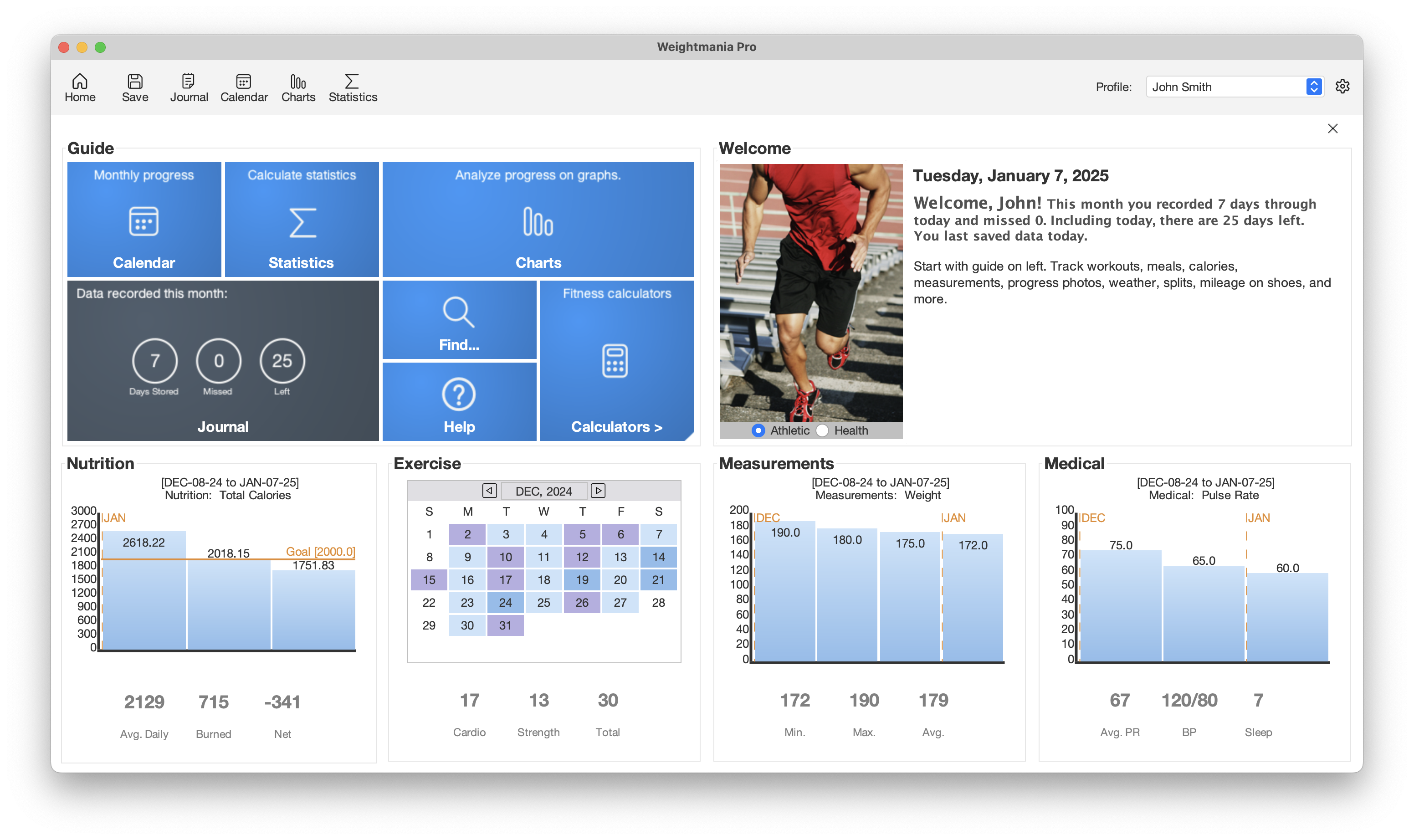 Dashboard depicting a 30-day summary of workouts, nutrition, measurements, and progress on macOS desktop and laptop computers.