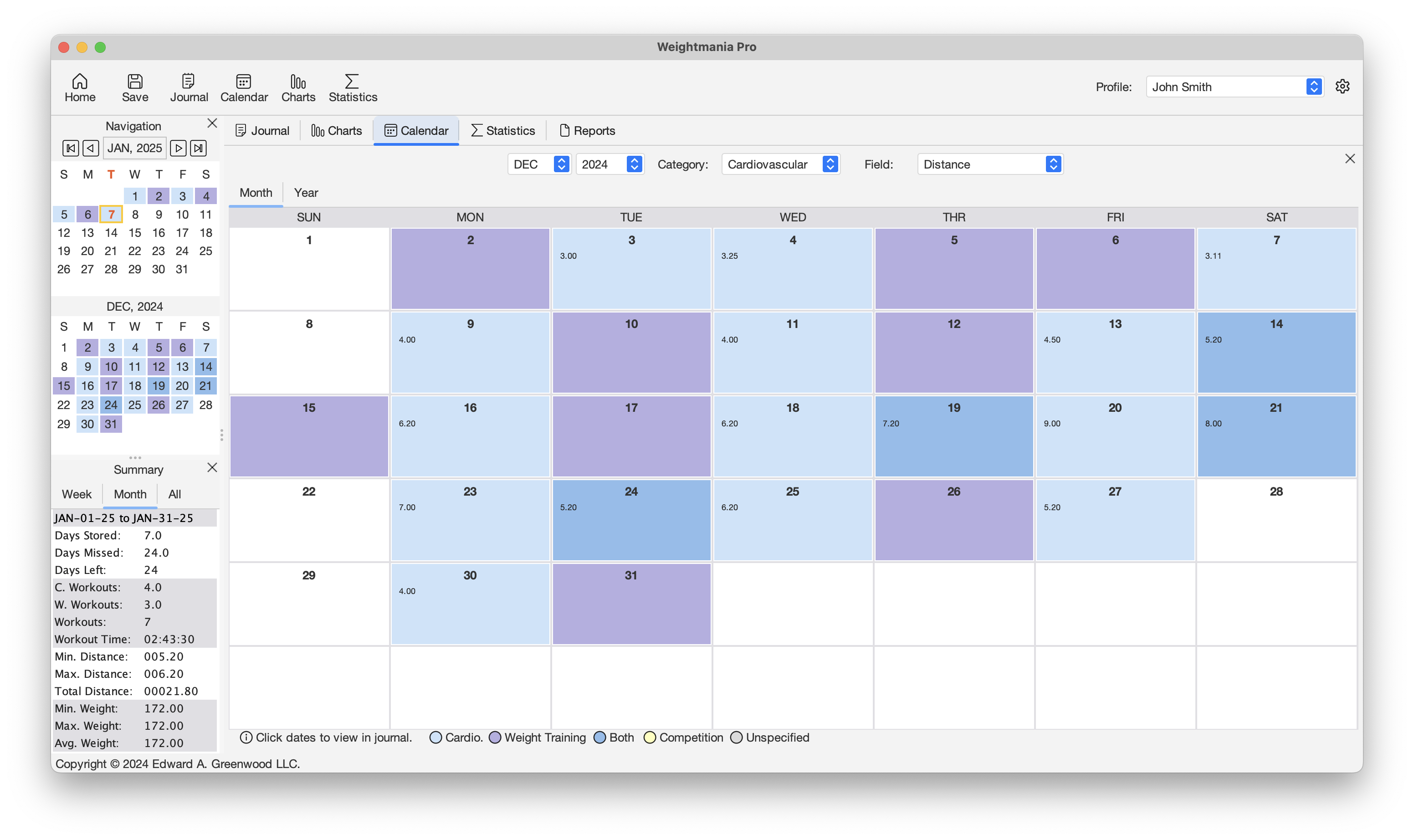 Visualize workouts, nutrition, measurements, and progress on a monthly or yearly calendar on macOS desktop and laptop computers.