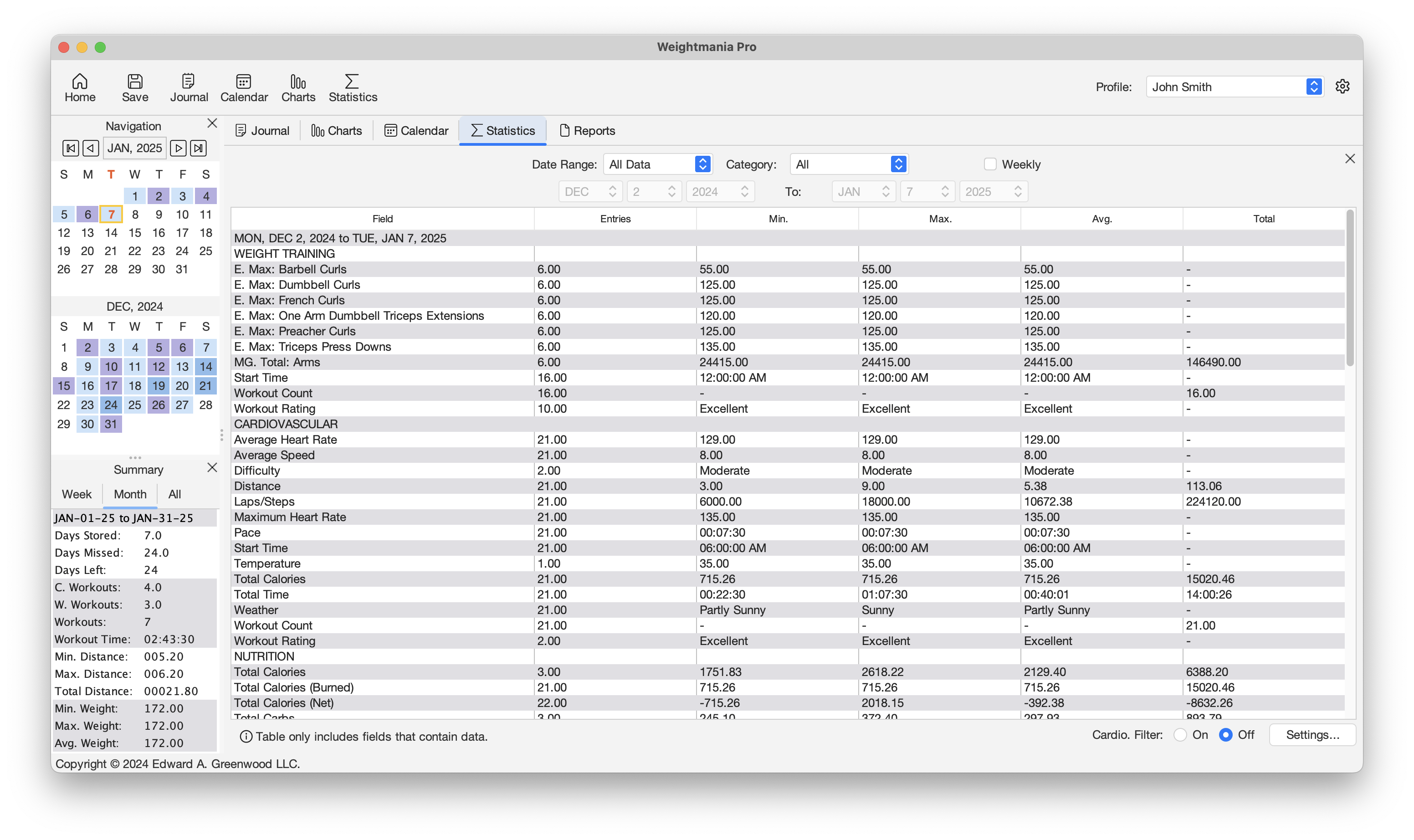 View workout, nutrition, and weight loss statistics on macOS desktop and laptop computers.