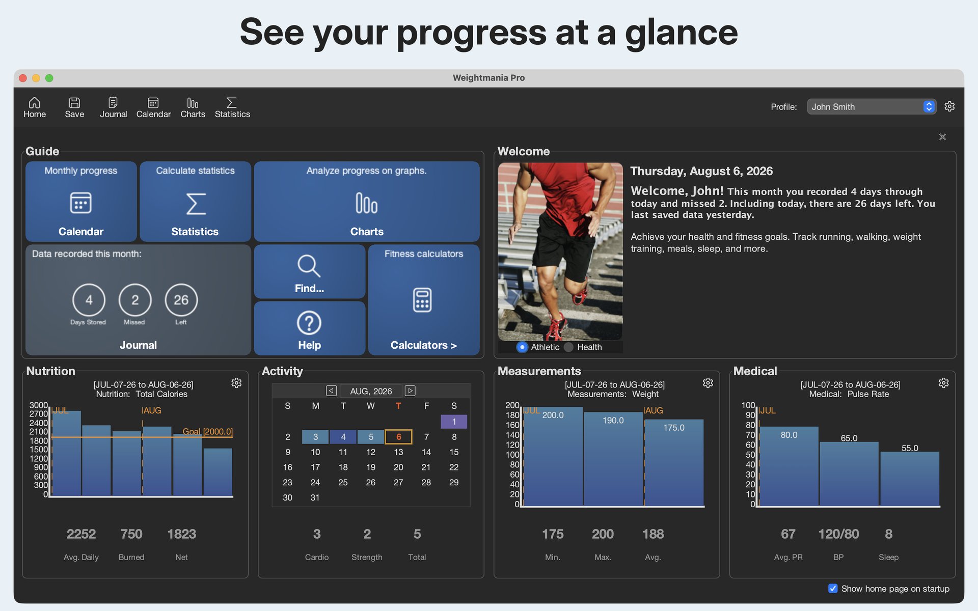 Weightmania Pro fitness tracker dashboard in dark mode on macOS.