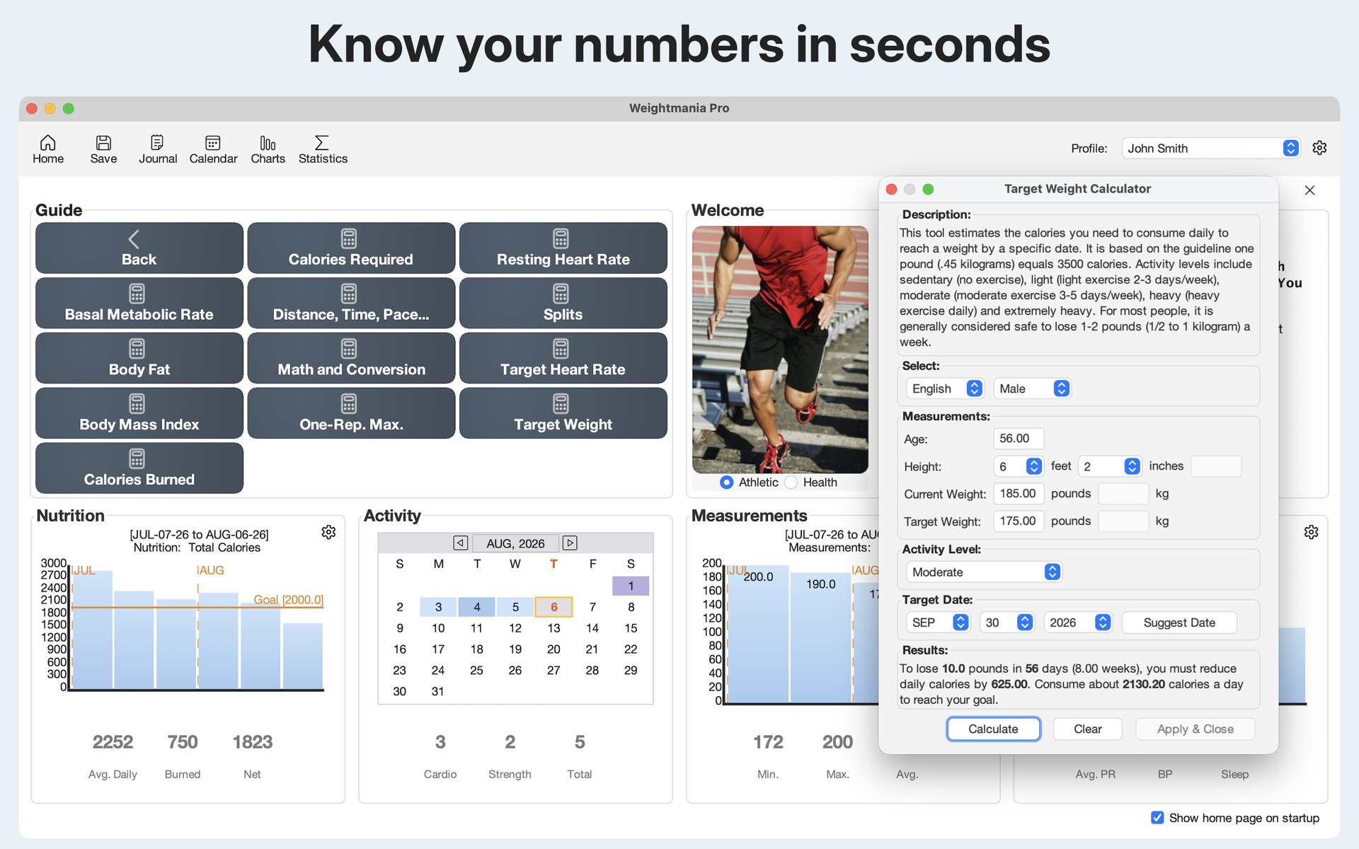 Twelve fitness calculators in Weightmania Pro for Mac.