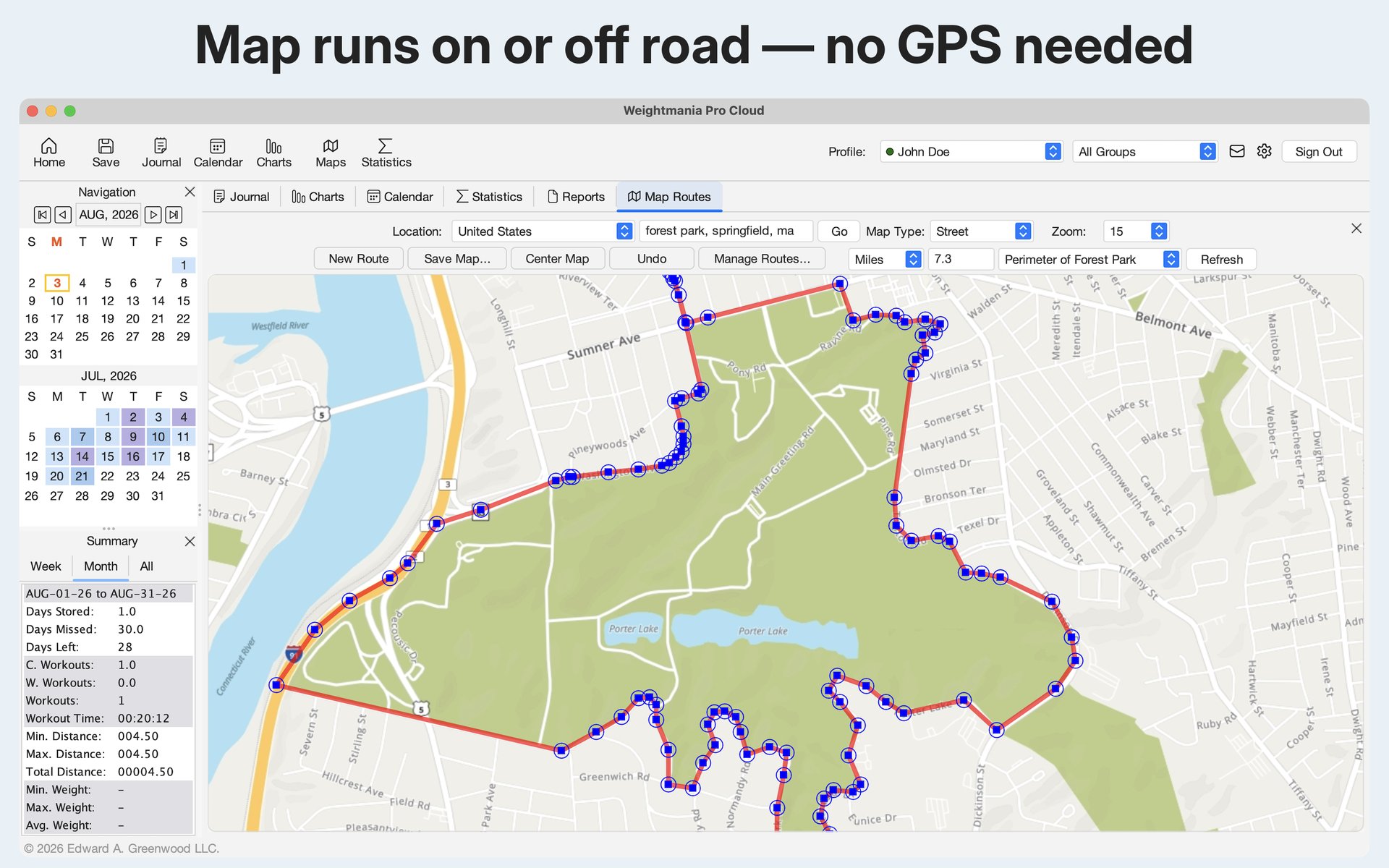 Mapping a 7.3-mile running route around a city park without GPS in Weightmania Pro.